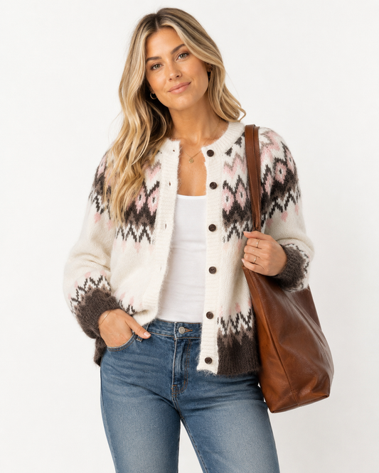 A woman modeling a cream fuzzy button-front cardigan with brown and pink geometric patterns, paired with blue jeans and a brown leather shoulder bag against a plain white background.