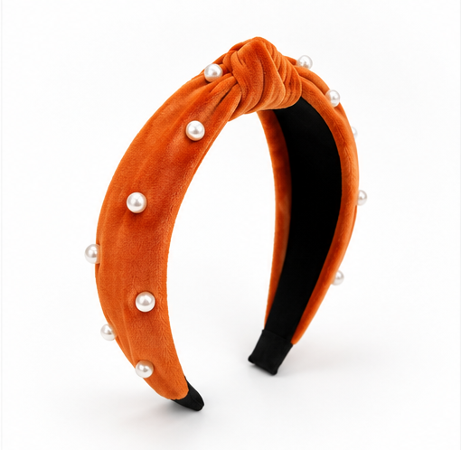 Burnt Sienna Velvet Knotted Headband with Faux Pearls – Rust Orange