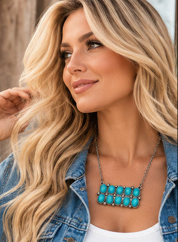 Western Rectangle Faux Turquoise Statement Necklace
