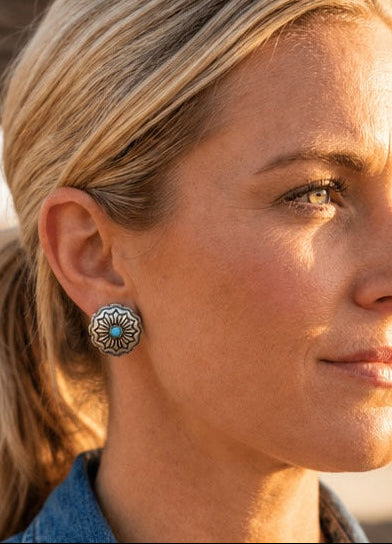 Western Faux Turquoise Concho Stud Earrings
