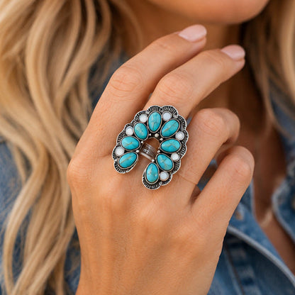 Western Squash Blossom Adjustable Ring | Faux Turquoise & Opal