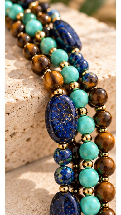 Tiger Eye, Turquoise & Lapis Lazuli Triple-Strand Natural Stone Necklace