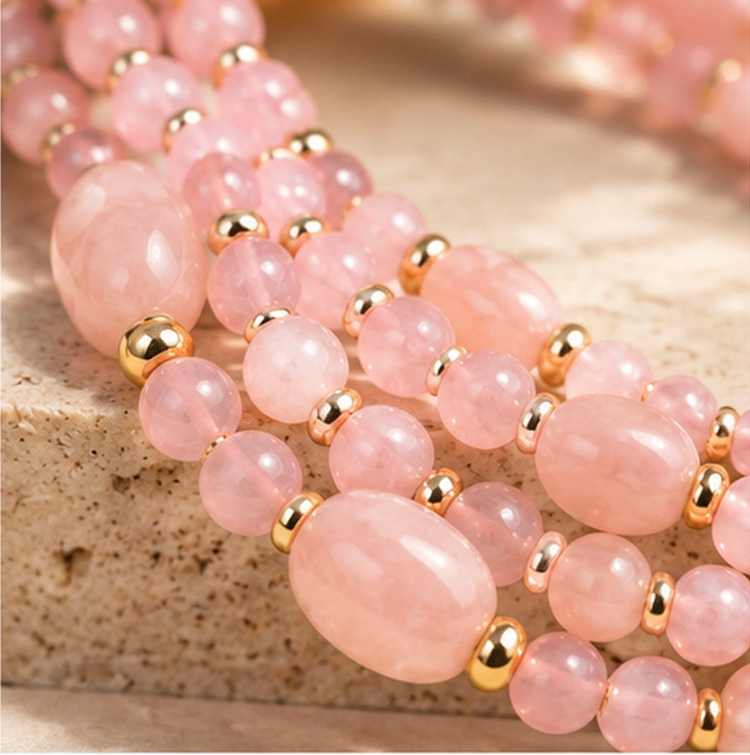 Rose Quartz Triple-Strand Natural Stone Necklace