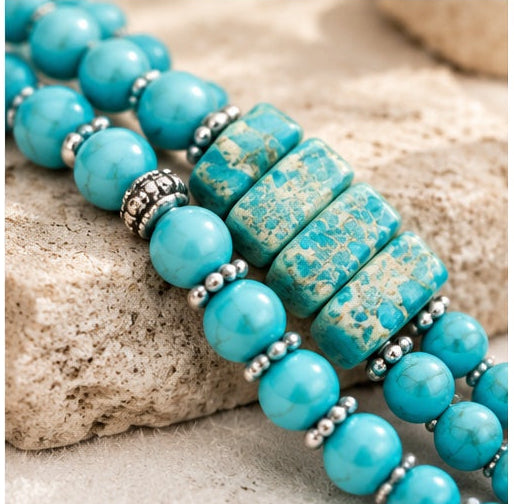 Handcrafted Turquoise Double-Strand Necklace with Oval Pendant