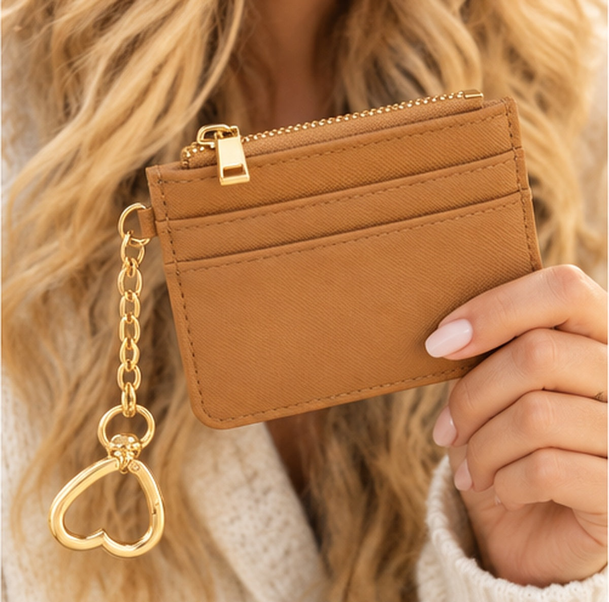 Slim Card Holder Wallet with Zipper Pocket and Heart Keyring