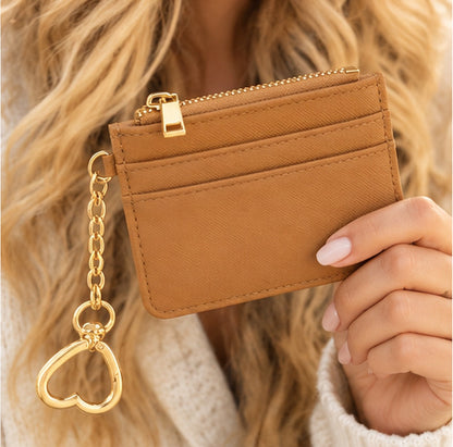 Slim Card Holder Wallet with Zipper Pocket and Heart Keyring