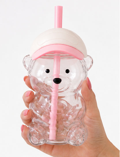 Strawberry Sweetheart Bear Glass Tumbler with Straw | Pink
