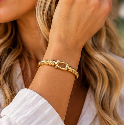 Equestrian Buckle Stainless Steel Bangle Bracelet – Gold & Silver