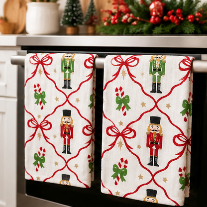 Christmas Nutcracker & Ribbon Bow Kitchen Towel Set — 2 Pack
