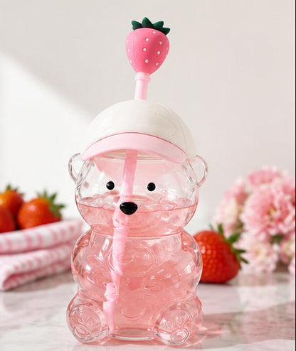 Strawberry Sweetheart Bear Glass Tumbler with Straw | Pink