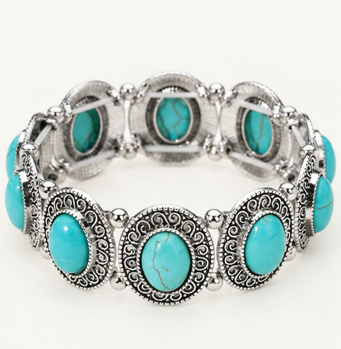 Western Oval Faux Turquoise Stretch Bracelet – Gold or Silver