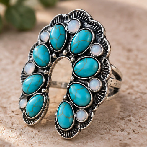 Western Squash Blossom Adjustable Ring | Faux Turquoise & Opal