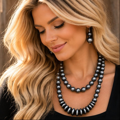 Western 48-Inch Faux Pearl Necklace & Earring Set | Burnished Silver