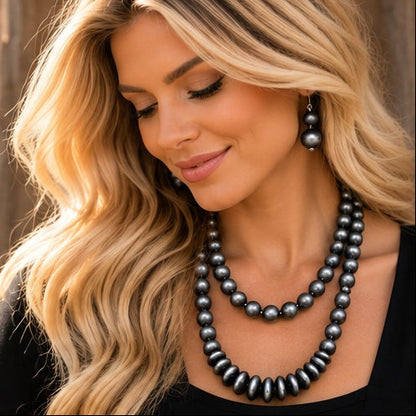Western 48-Inch Faux Pearl Necklace & Earring Set | Burnished Silver