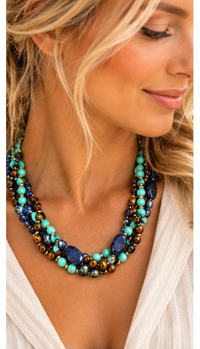 Tiger Eye, Turquoise & Lapis Lazuli Triple-Strand Natural Stone Necklace