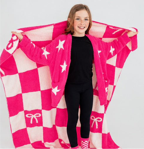 Bright Pink Checkerboard Bow Cozy Throw Blanket