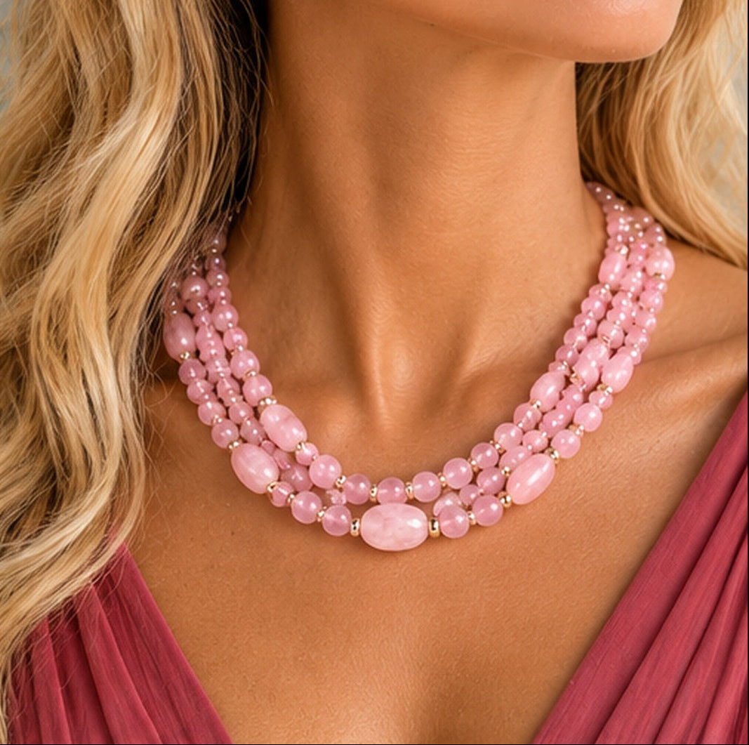 Rose Quartz Triple-Strand Natural Stone Necklace