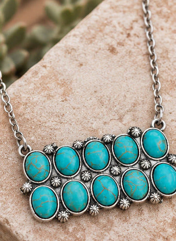 Western Rectangle Faux Turquoise Statement Necklace