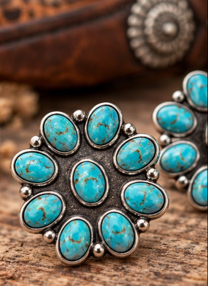 Western Faux Turquoise Cluster Statement Earrings