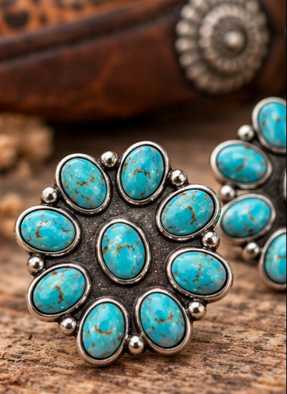 Western Faux Turquoise Cluster Statement Earrings