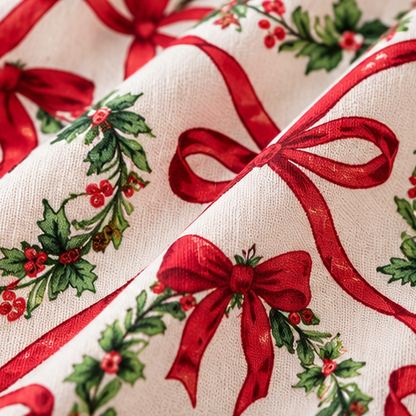 Christmas Wreath and Ribbon Bow Cotton Apron