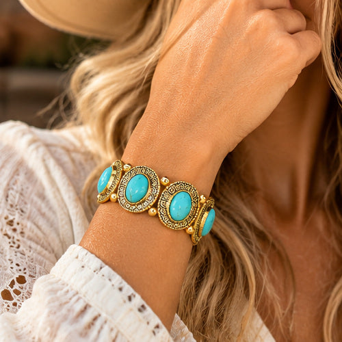 Western Oval Faux Turquoise Stretch Bracelet – Gold or Silver