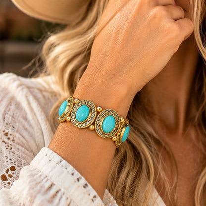 Western Oval Faux Turquoise Stretch Bracelet – Gold or Silver