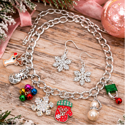 Christmas Charm Necklace &amp; Snowflake Earring Set