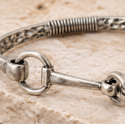 Rustic Horsebit Hinged Bangle Bracelet – Oxidized Silver-Tone Equestrian Jewelry