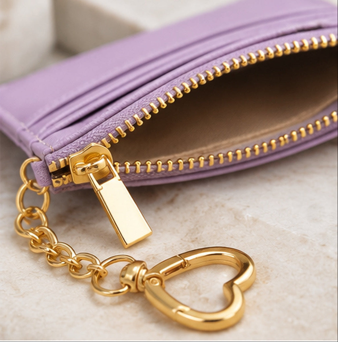 Slim Card Holder Wallet with Zipper Pocket and Heart Keyring
