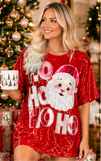 Ho Ho Ho Santa Sequin Christmas Party Shirt | Holiday Sparkle