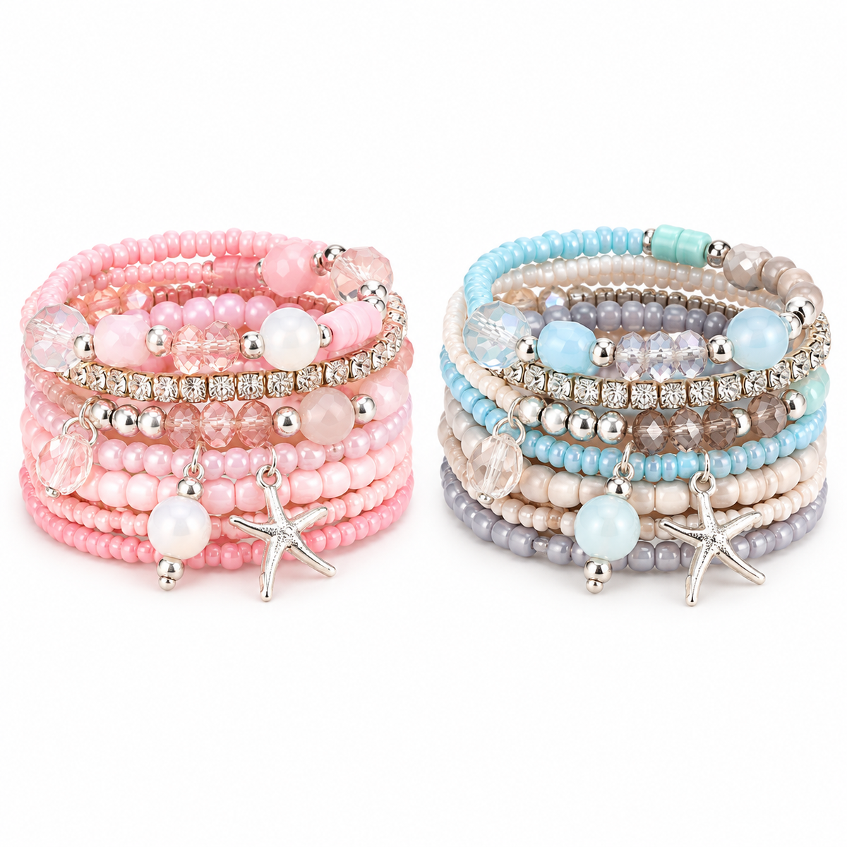Two sets of beaded wrap bracelets on a white background. The left set is pink, featuring pastel pink beads, clear rhinestone accents, white pearl-like beads, and silver starfish charms.