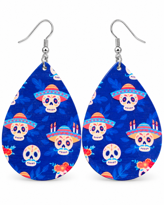 Fiesta Azul wood teardrop earrings with colorful sugar skull and sombrero print on a white background