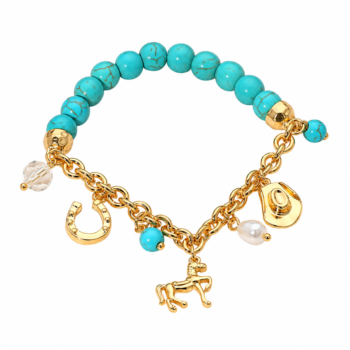 A turquoise and gold charm bracelet featuring round turquoise beads, a gold chain, and various charms including a horseshoe, cowboy hat, horse silhouette, pearl bead, and clear crystal bead, shown on a solid white background.
