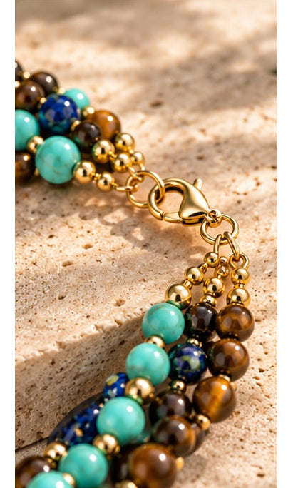 Tiger Eye, Turquoise & Lapis Lazuli Triple-Strand Natural Stone Necklace