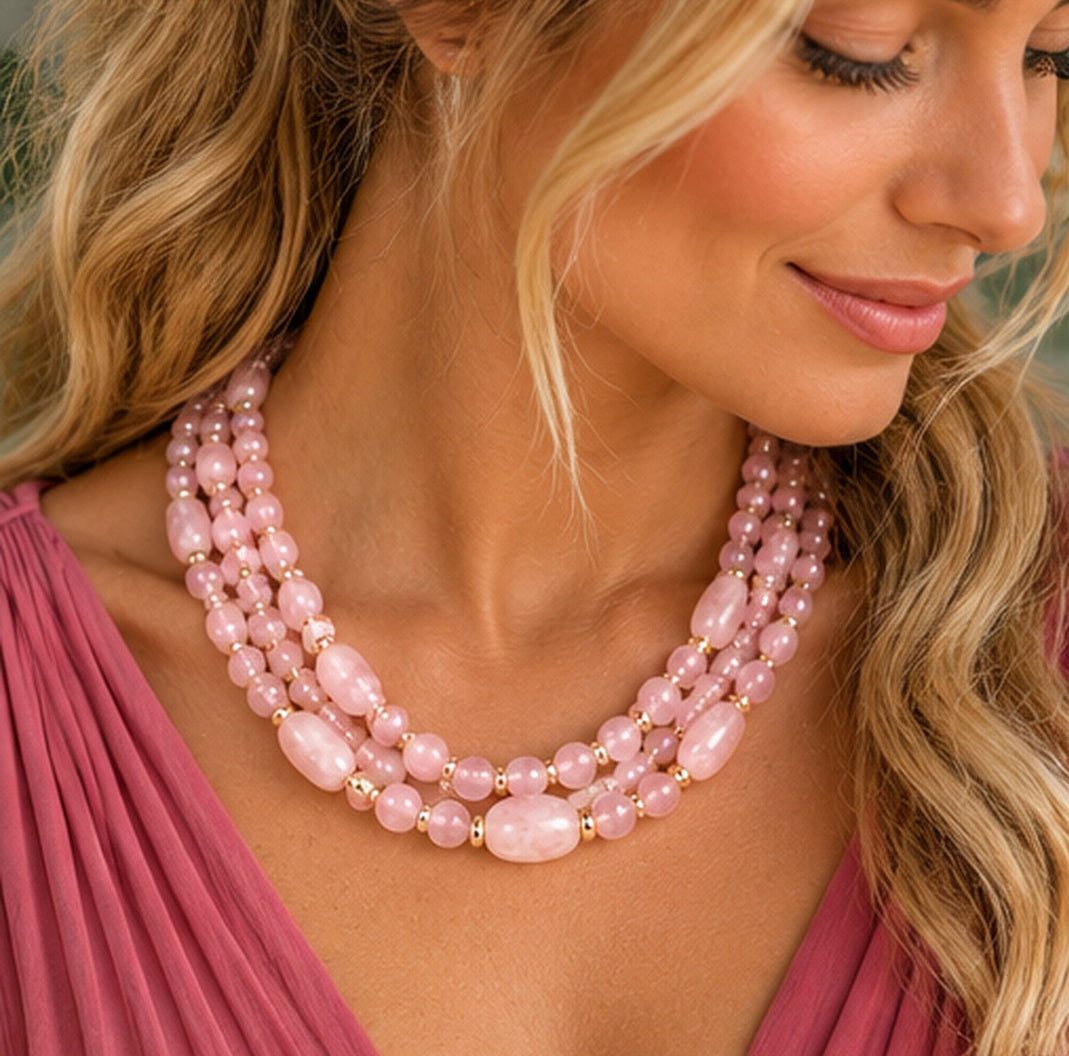 Rose Quartz Triple-Strand Natural Stone Necklace