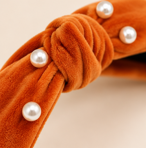 Burnt Sienna Velvet Knotted Headband with Faux Pearls – Rust Orange