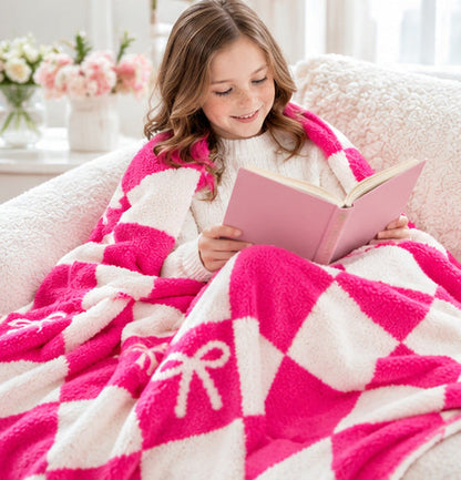 Bright Pink Checkerboard Bow Cozy Throw Blanket