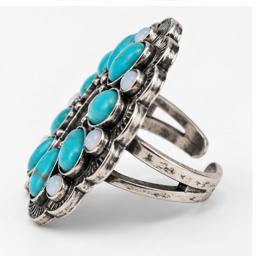 Western Squash Blossom Adjustable Ring | Faux Turquoise & Opal