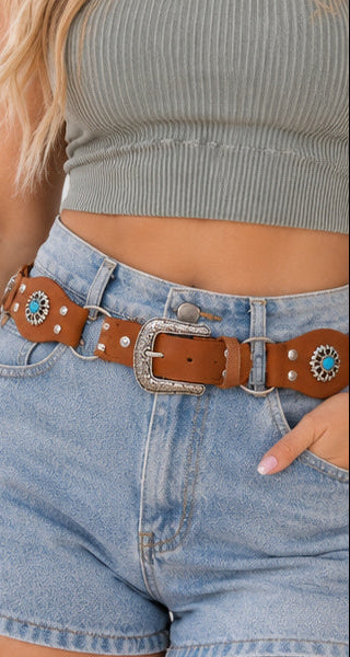 Western Turquoise-Tone Concho Belt – Black & Camel