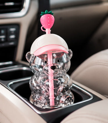Strawberry Sweetheart Bear Glass Tumbler with Straw | Pink