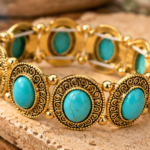 Western Oval Faux Turquoise Stretch Bracelet – Gold or Silver