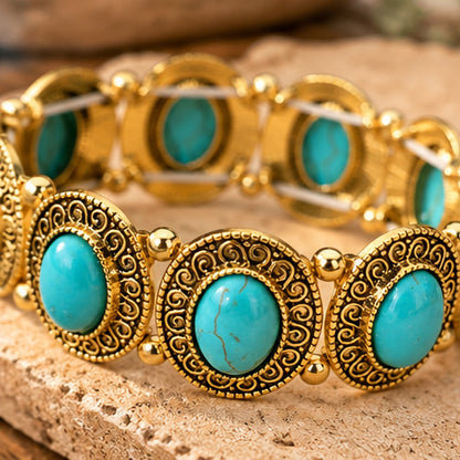 Western Oval Faux Turquoise Stretch Bracelet – Gold or Silver
