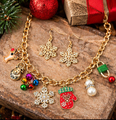 Christmas Charm Necklace and Snowflake Earrings Set | Gold or Silver