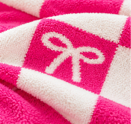 Bright Pink Checkerboard Bow Cozy Throw Blanket