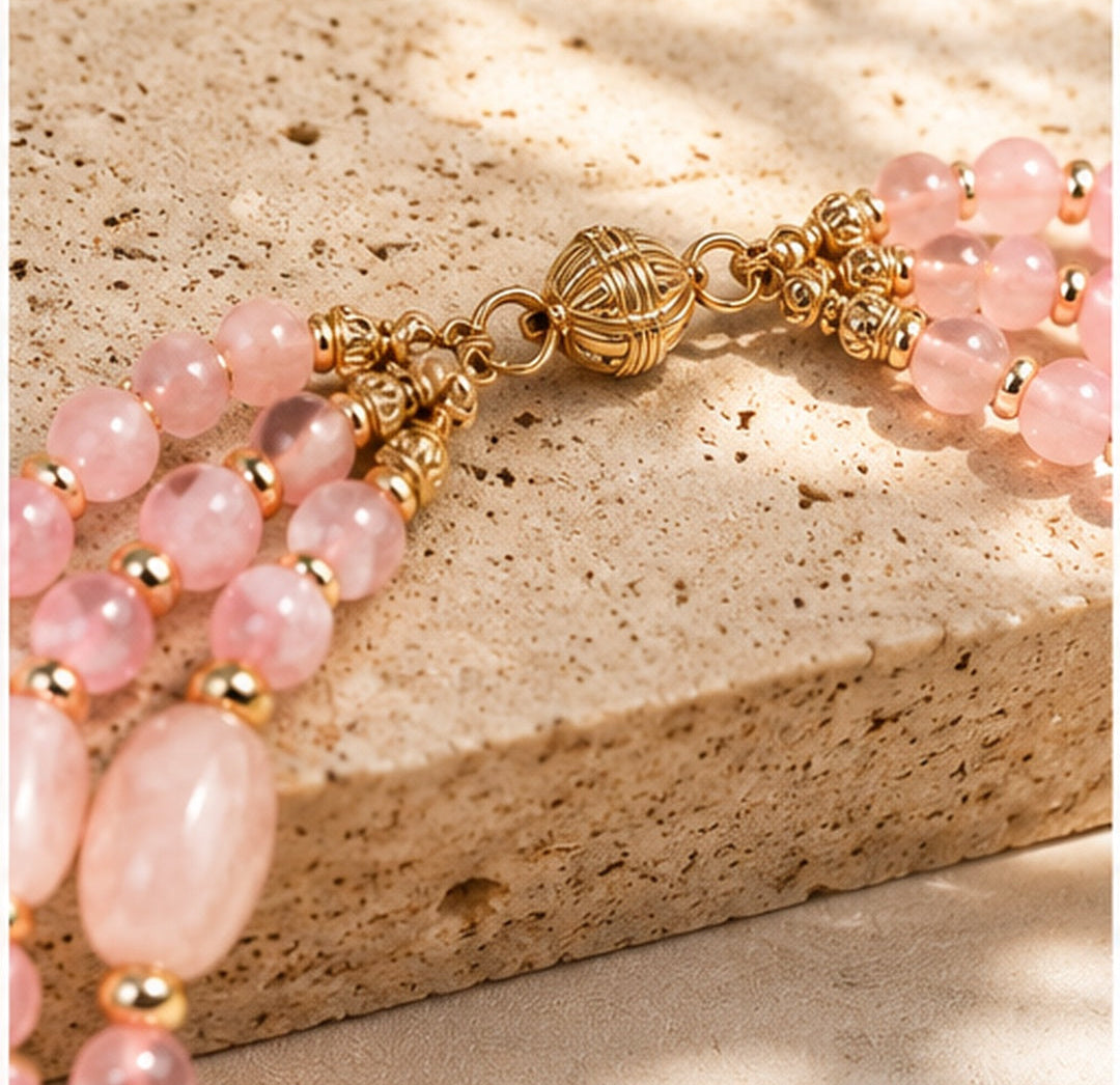 Rose Quartz Triple-Strand Natural Stone Necklace