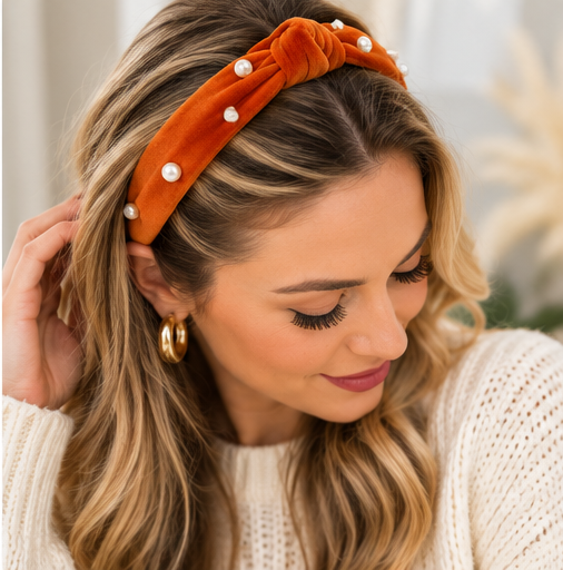 Burnt Sienna Velvet Knotted Headband with Faux Pearls – Rust Orange