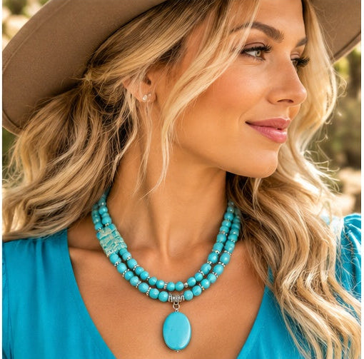 Handcrafted Turquoise Double-Strand Necklace with Oval Pendant