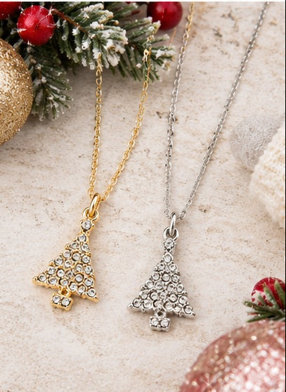 Rhinestone Embellished Christmas Tree Pendant Necklace