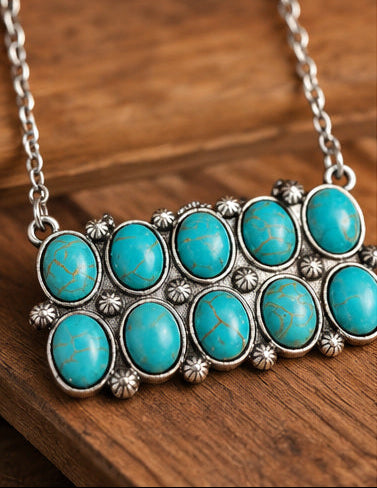 Western Rectangle Faux Turquoise Statement Necklace